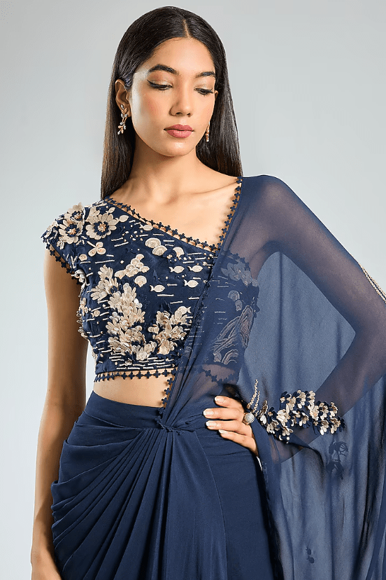 Blue Georgette Hand Embroidered Pre-Draped Saree Set - Image 4