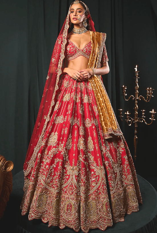 Red Raw Silk Floral Mesh Embroidered Lehenga Set