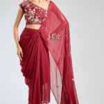 Red Georgette Hand Embroidered Pre-Draped Saree Set