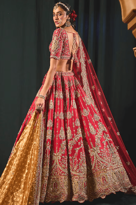 Red Raw Silk Floral Mesh Embroidered Lehenga Set - Image 2