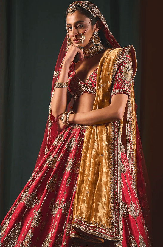 Red Raw Silk Floral Mesh Embroidered Lehenga Set - Image 3