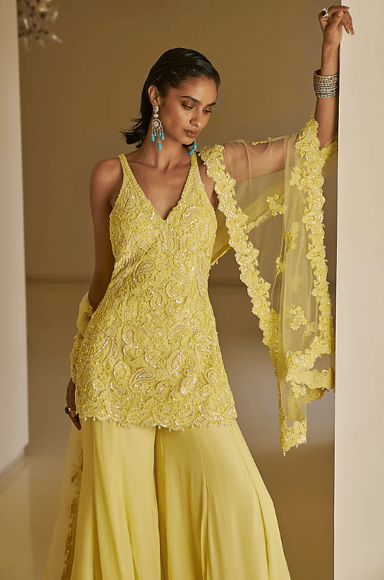 Yellow Georgette Sequin Embroidered Sharara Set - Image 3
