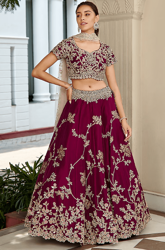 Aubergine Hand Embroidered Lehenga Set