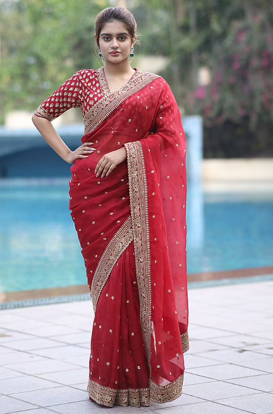 Red Organza Sequins & Zardosi Embroidered Organza Saree Set