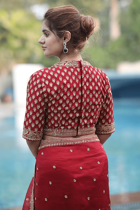 Red Organza Sequins & Zardosi Embroidered Organza Saree Set - Image 2