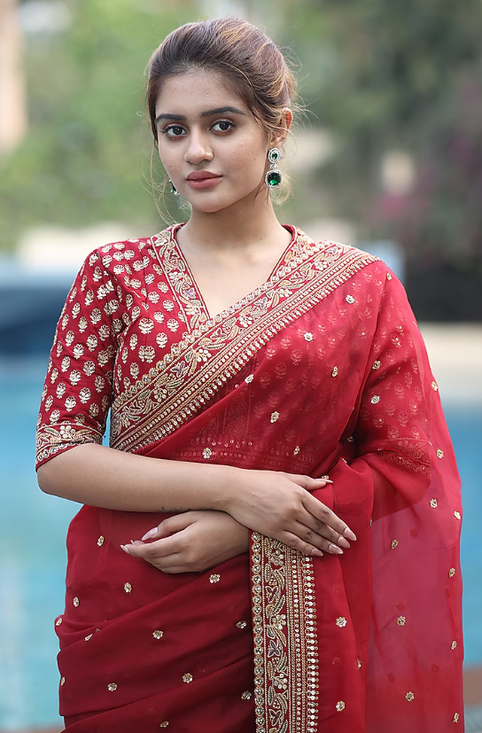 Red Organza Sequins & Zardosi Embroidered Organza Saree Set - Image 3