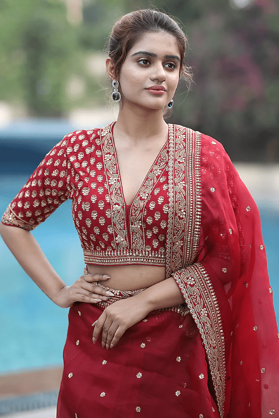 Red Organza Sequins & Zardosi Embroidered Organza Saree Set - Image 4
