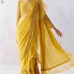 Yellow Chiffon & Organza Floral Embroidered Pre-Draped Saree Set