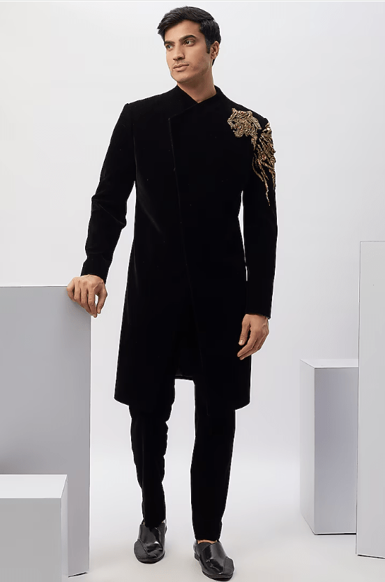 Black Velvet Embroidered Asymmetric Jacket Set