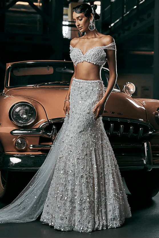 Ivory Net Pearl & Sequins Embroidered Lehenga Set