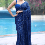 Ink Blue Chiffon Sequins & Glass Bead Embroidered Saree Set