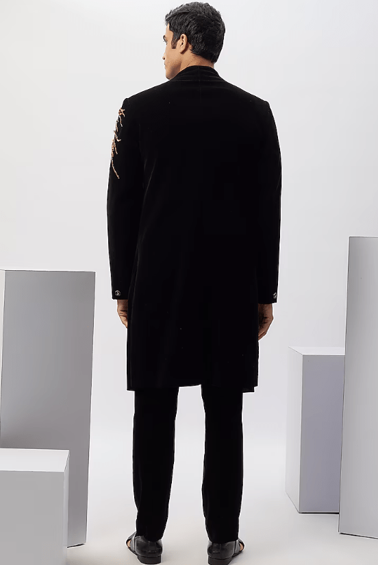 Black Velvet Embroidered Asymmetric Jacket Set - Image 2