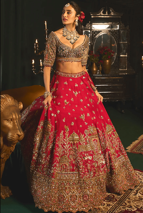Red Raw Silk Zari Embroidered Lehenga Set