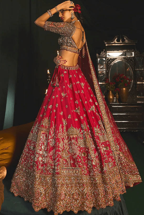 Red Raw Silk Zari Embroidered Lehenga Set - Image 2