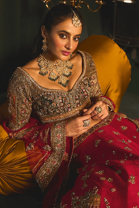 Red Raw Silk Zari Embroidered Lehenga Set - Image 3