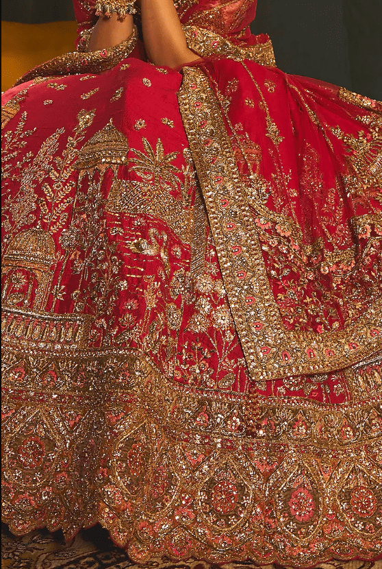 Red Raw Silk Zari Embroidered Lehenga Set - Image 4