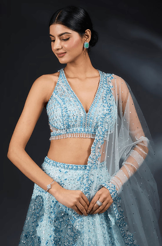 Powder Blue Net Sequins & Bugle Bead Embroidered Lehenga Set - Image 4
