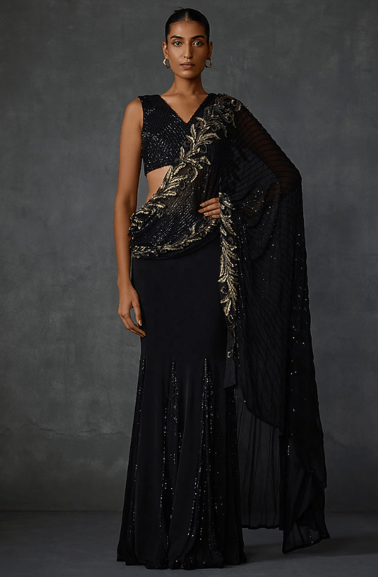 Black Jersey Fern Hand Embellished Draped Saree Set