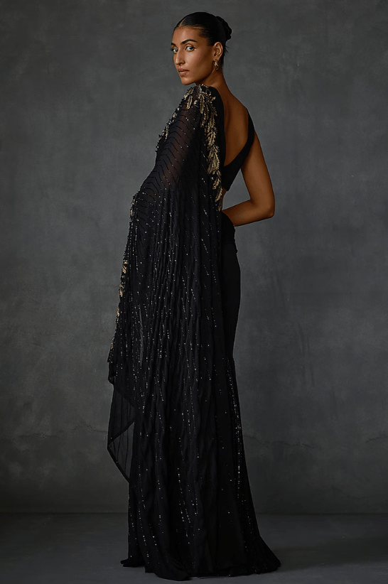 Black Jersey Fern Hand Embellished Draped Saree Set - Image 2