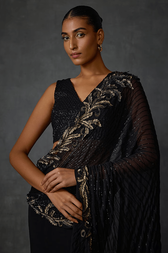Black Jersey Fern Hand Embellished Draped Saree Set - Image 3