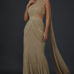 Gold Shimmer Crepe Embellished Draped Saree Set