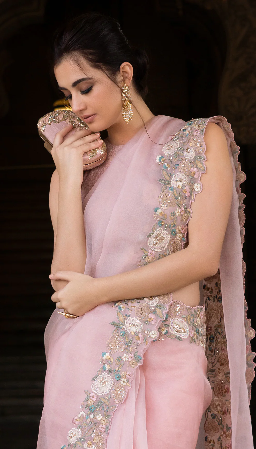 Blush Pink Silk Organza Saree - Image 3