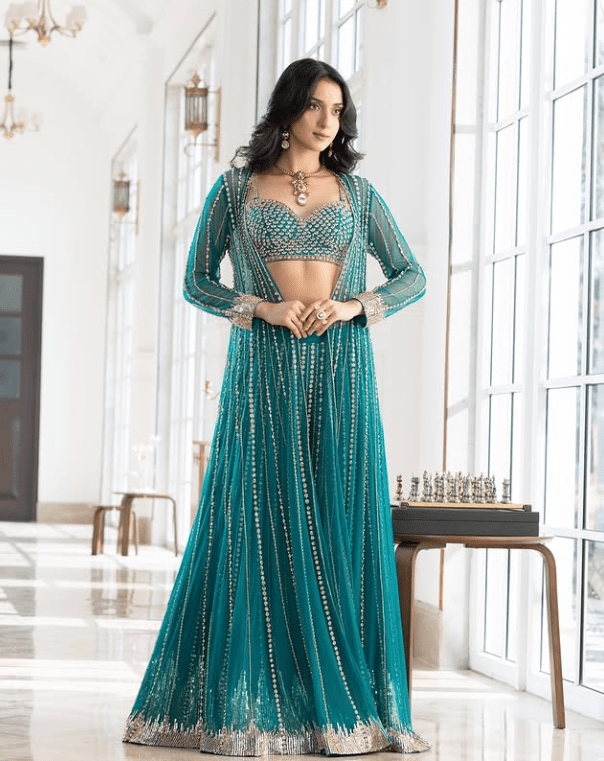 Green crystal work lehenga - Image 3