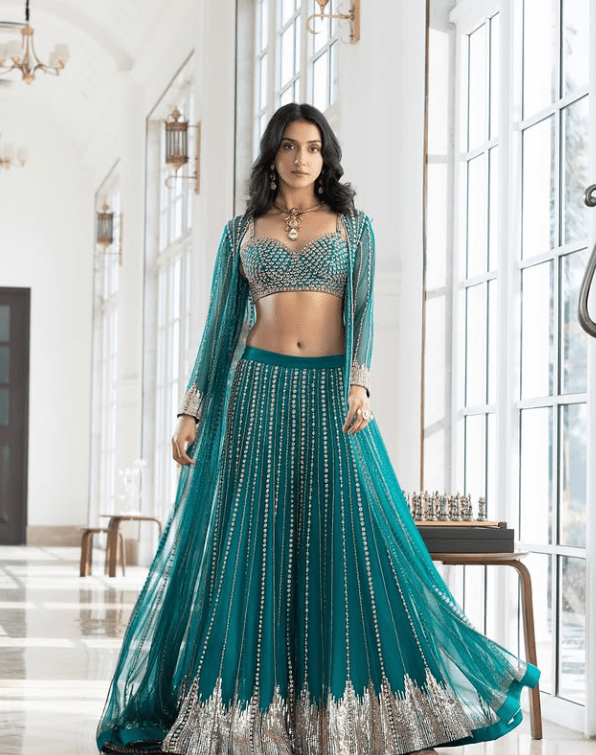 Green crystal work lehenga