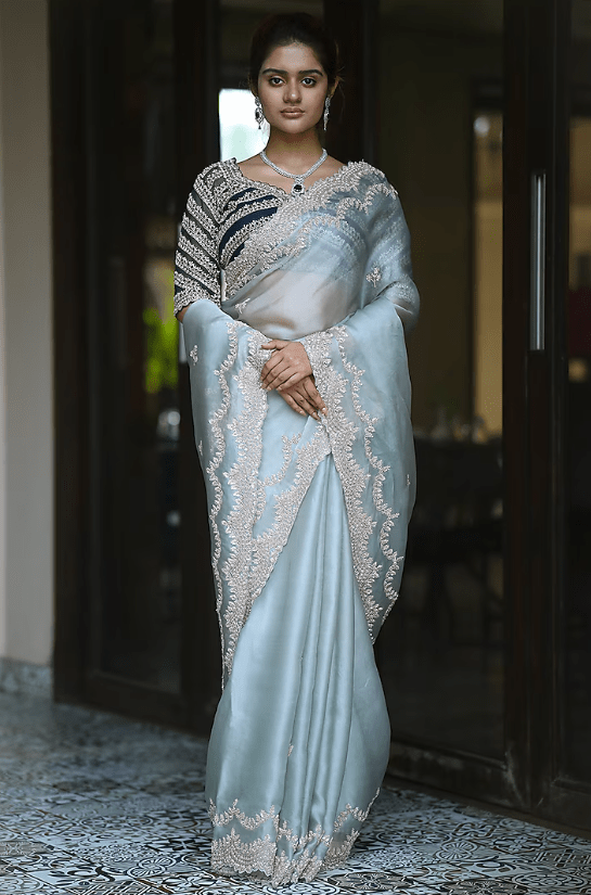 Powder Blue Silk Organza Sequins & Cutdana Embroidered Saree Set