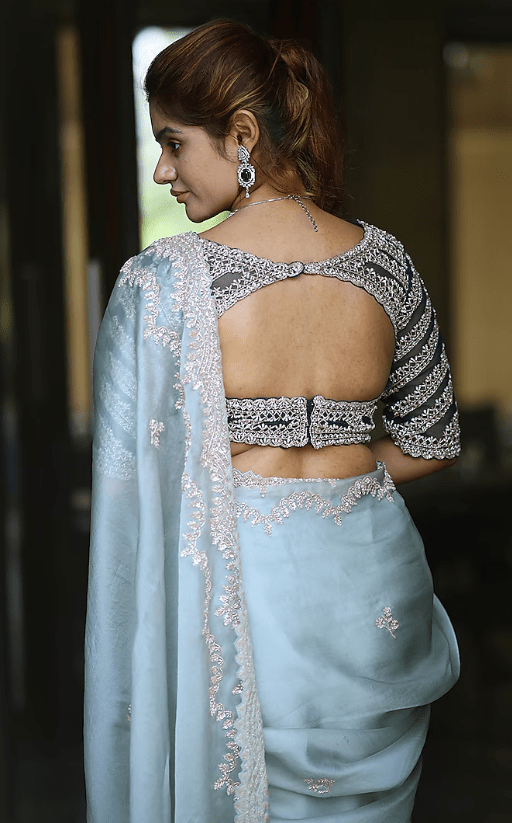 Powder Blue Silk Organza Sequins & Cutdana Embroidered Saree Set - Image 2