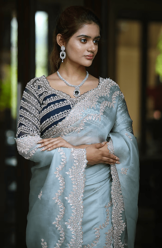 Powder Blue Silk Organza Sequins & Cutdana Embroidered Saree Set - Image 3