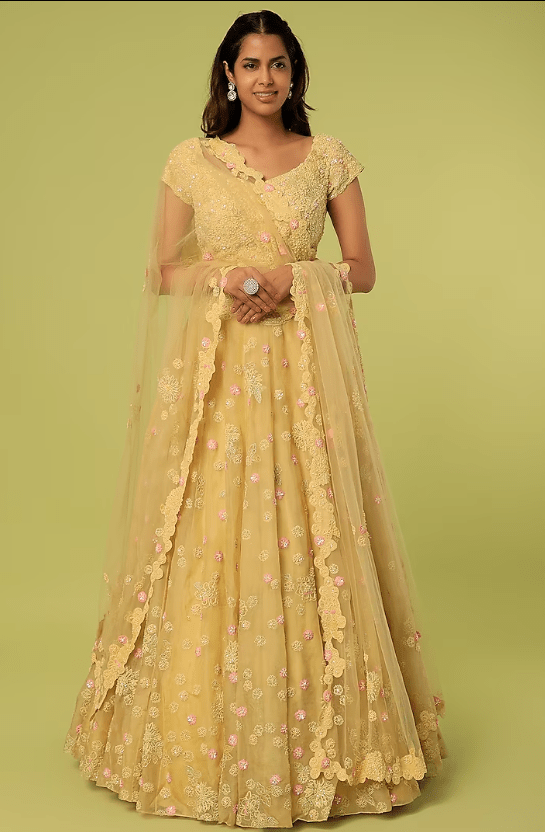 Corn Yellow Organza Embroidered Lehenga Set