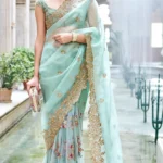 Mint Organza Saree with Delicate Peeta Embroidery and Coral Rosettes