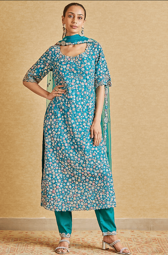 Pine Green Organza Embroidered Kurta Set