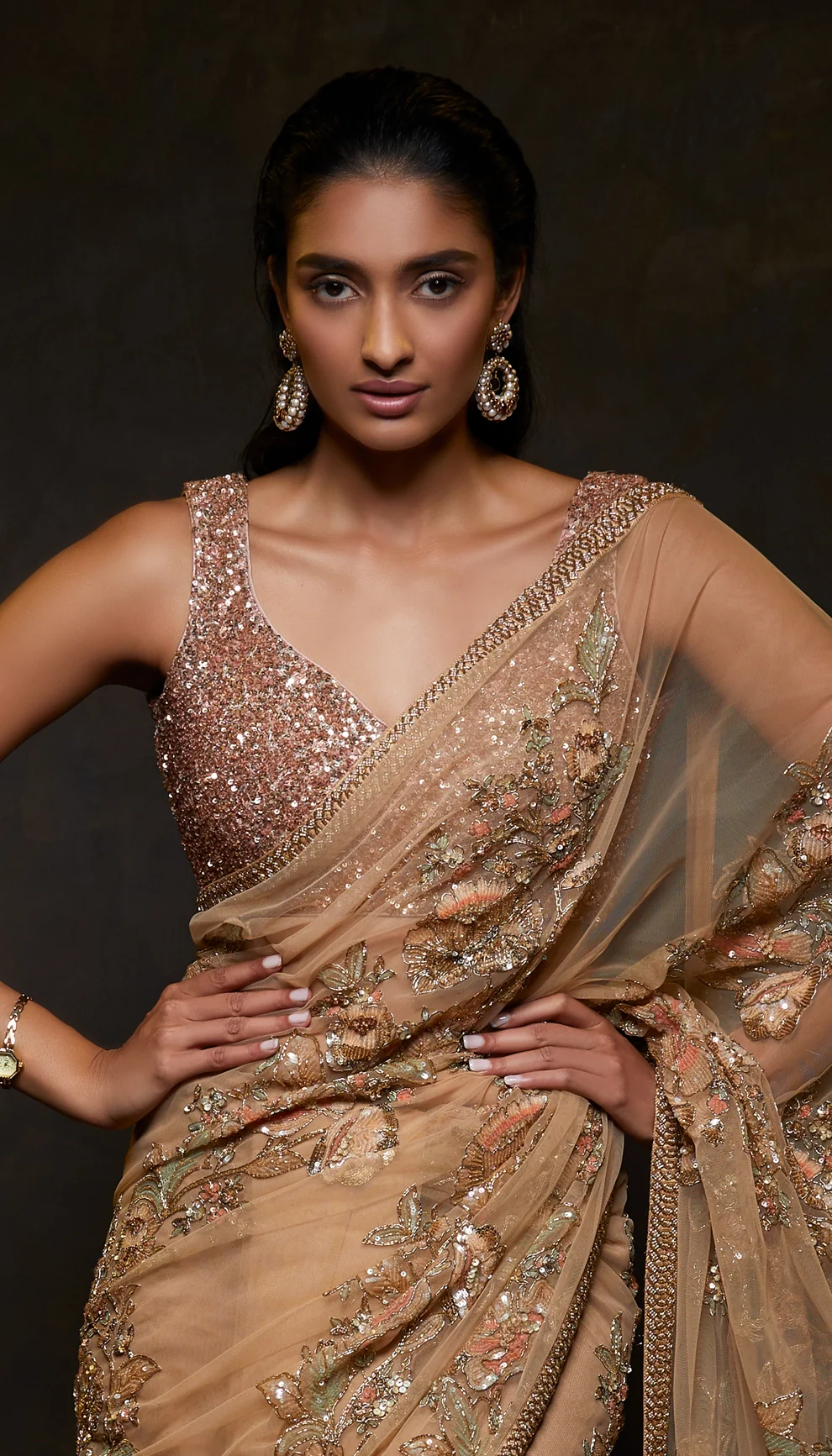 Champagne Beige Tulle Saree - Image 2