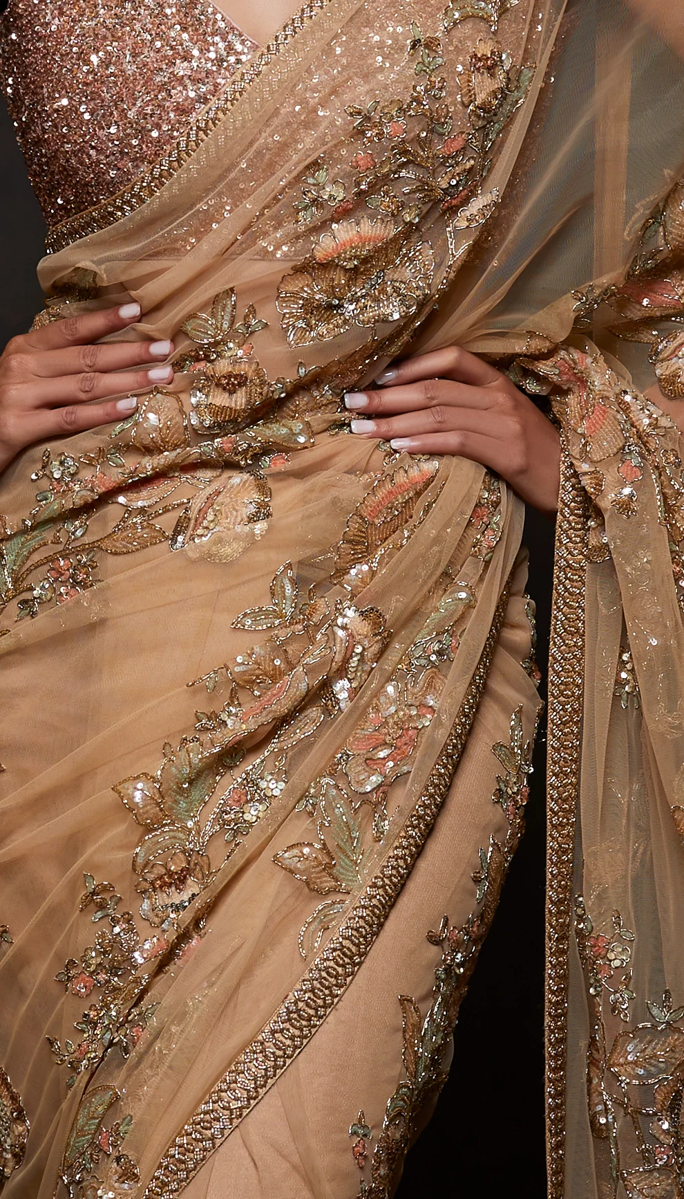 Champagne Beige Tulle Saree - Image 3