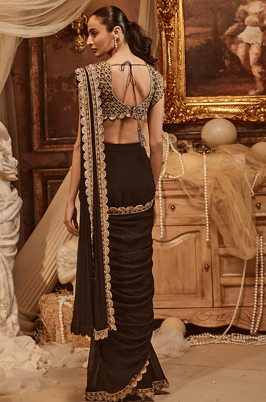 Black Georgette Gold Embroidered Pre-Draped Saree Set - Image 2
