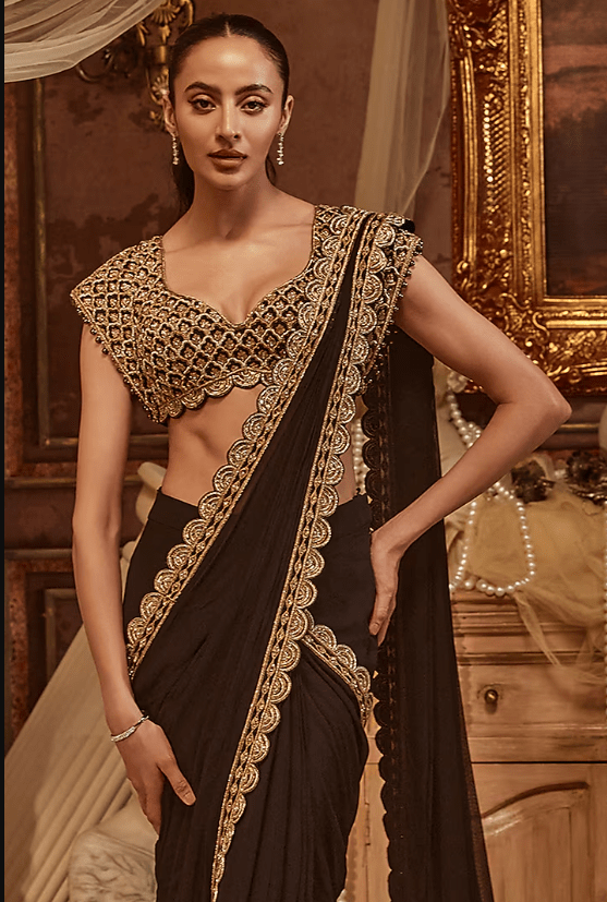 Black Georgette Gold Embroidered Pre-Draped Saree Set - Image 3