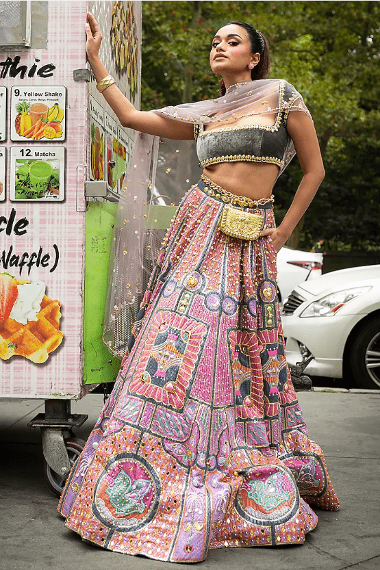 Grey Sequins Printed & Embroidered Lehenga Set