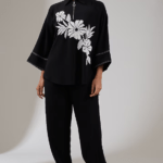 Black Textured Crepe Floral Embellished Co-Ord Set