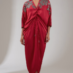 Red Satin Floral Hand Embellished Draped Dress