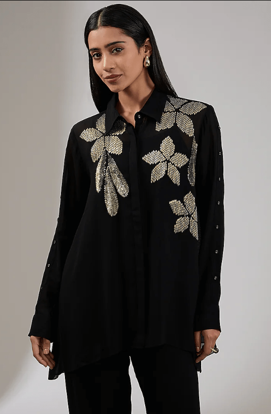 Charcoal Georgette Floral Hand & Machine Embellished Shirt - Image 3