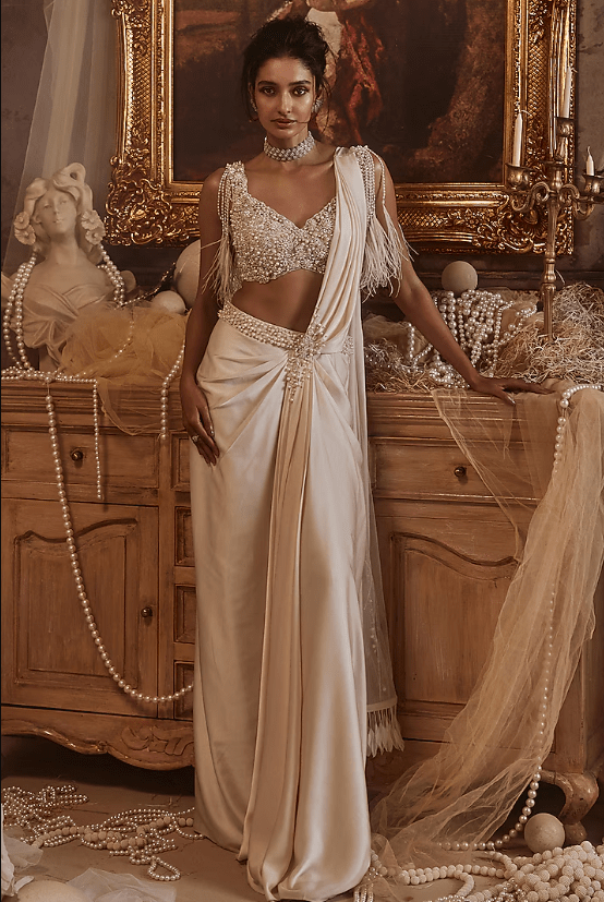 Ivory Modal Satin Draped Saree Set