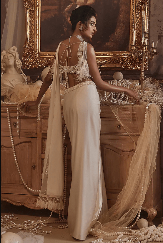 Ivory Modal Satin Draped Saree Set - Image 2