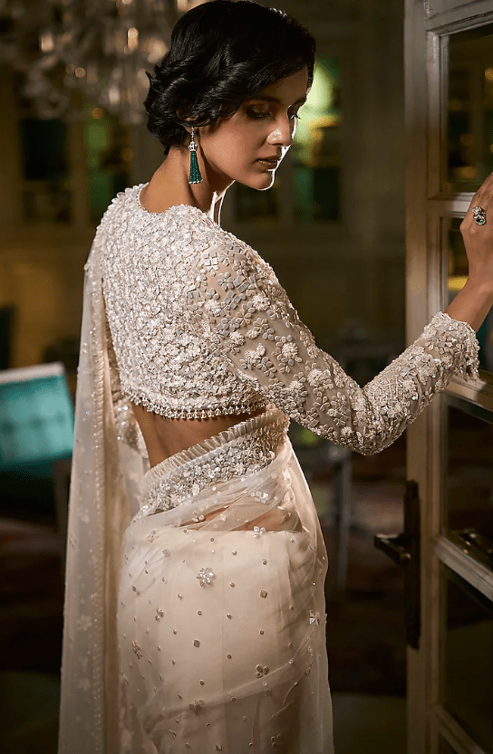 Ivory Net Sequins Work Saree Set - Image 2