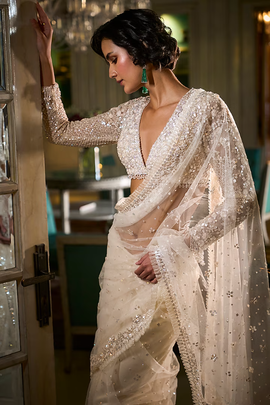 Ivory Net Sequins Work Saree Set - Image 3