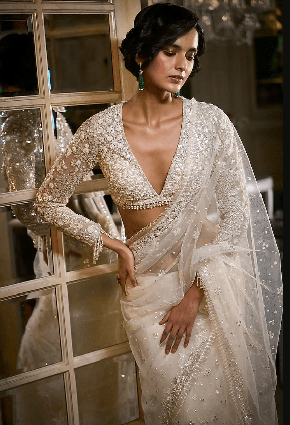 Ivory Net Sequins Work Saree Set - Image 4