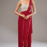 Red Satin Crepe Hand & Machine Embellished Saree Set