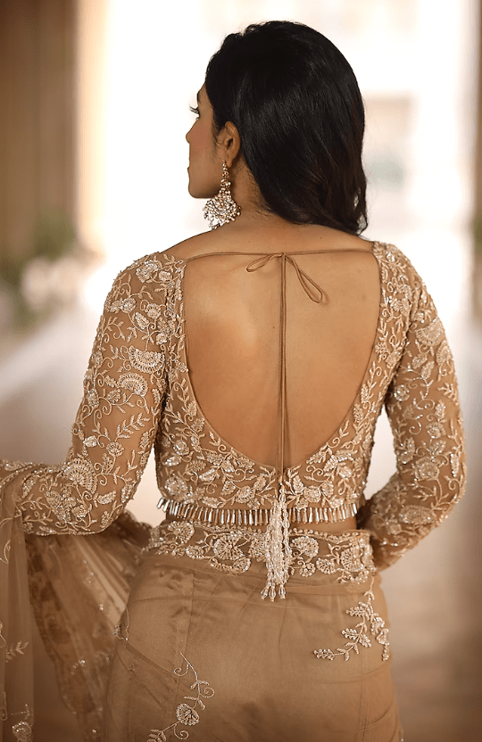 Beige Net Sequins & Cutdana Embroidered Saree Set - Image 2