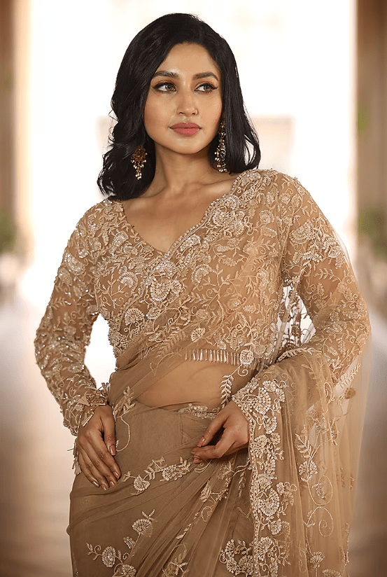 Beige Net Sequins & Cutdana Embroidered Saree Set - Image 3